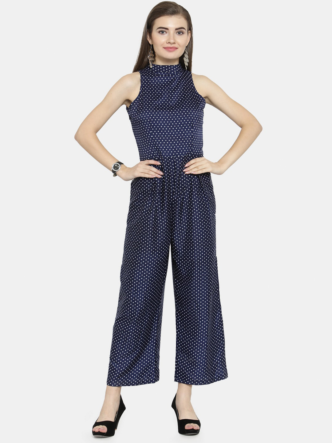 Enchanted Drapes Blue & White Halter Neck Printed Basic Jumpsuit