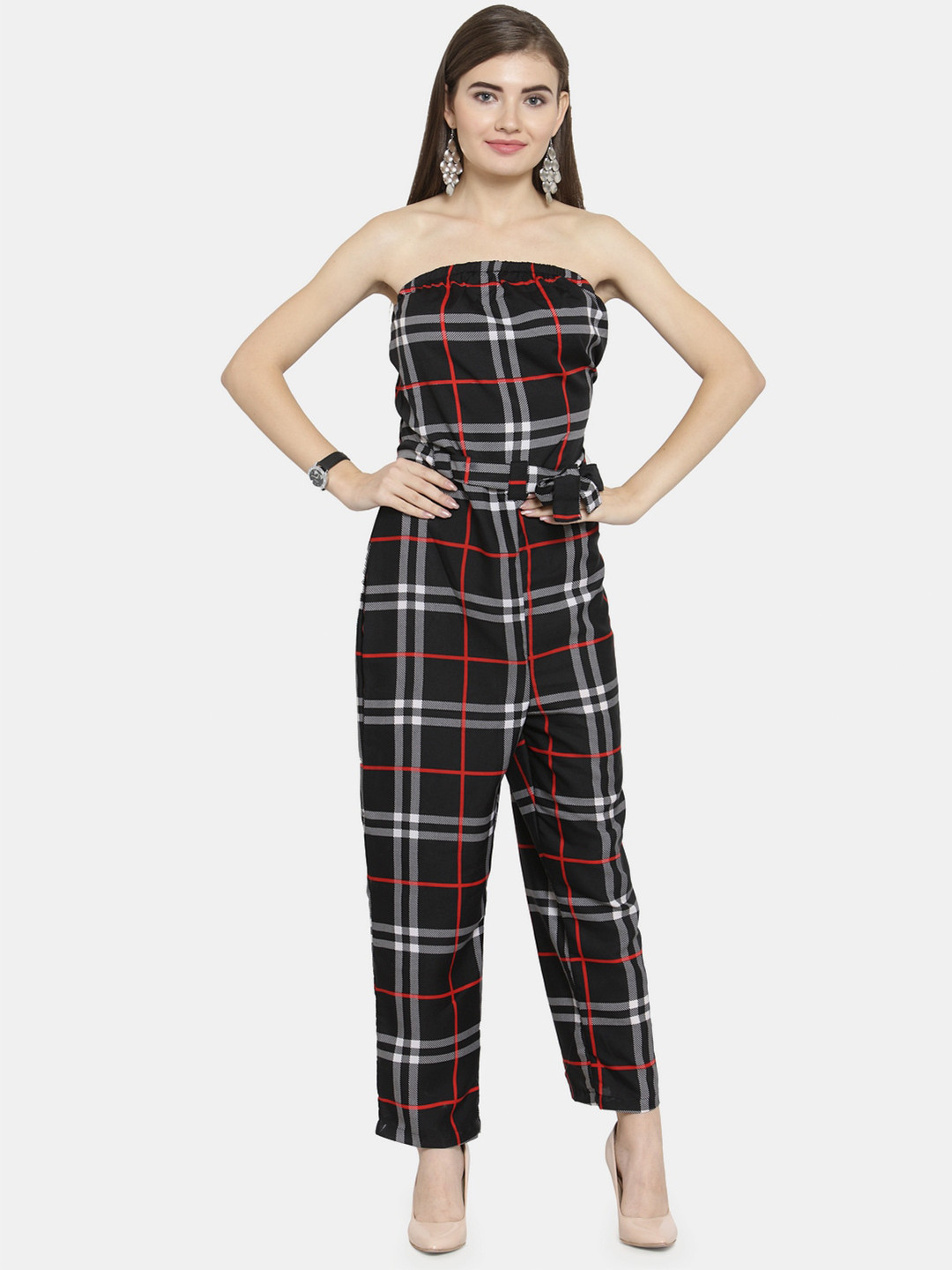 Enchanted Drapes Black & White Strapless Checked Basic Jumpsuit