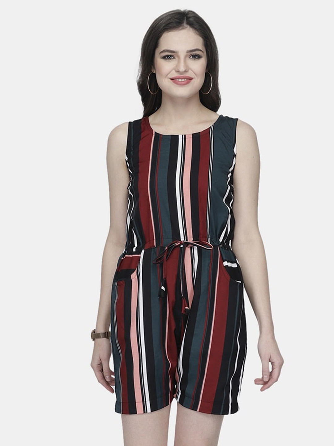 Enchanted Drapes Maroon & Grey Striped Jumpsuit