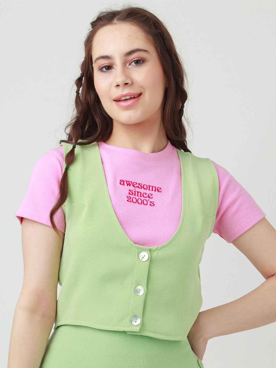 zink Z Pink Colourblocked Tank Top with Typography