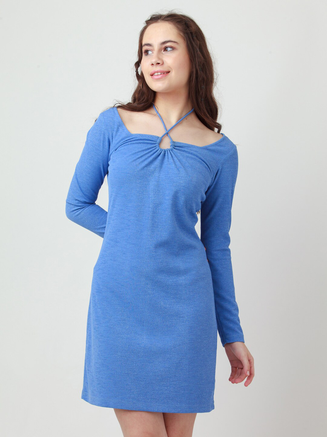 zink Z Blue Tie-Up Neck Sheath Dress