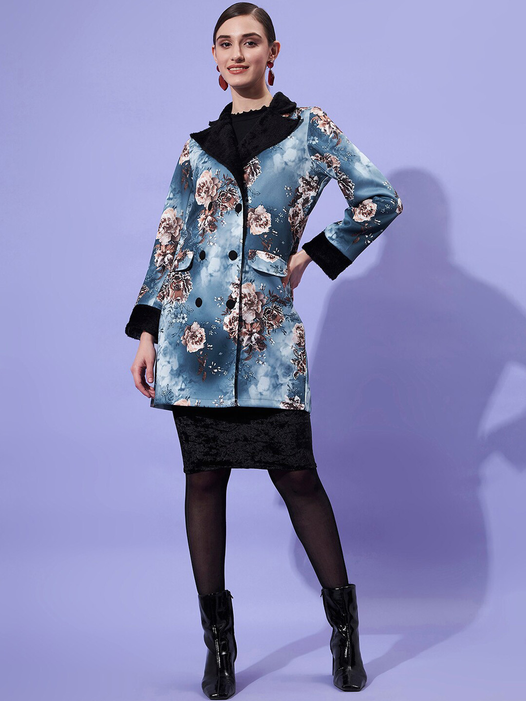 Athena Women Blue Floral Printed Double-Breasted Trench Coat