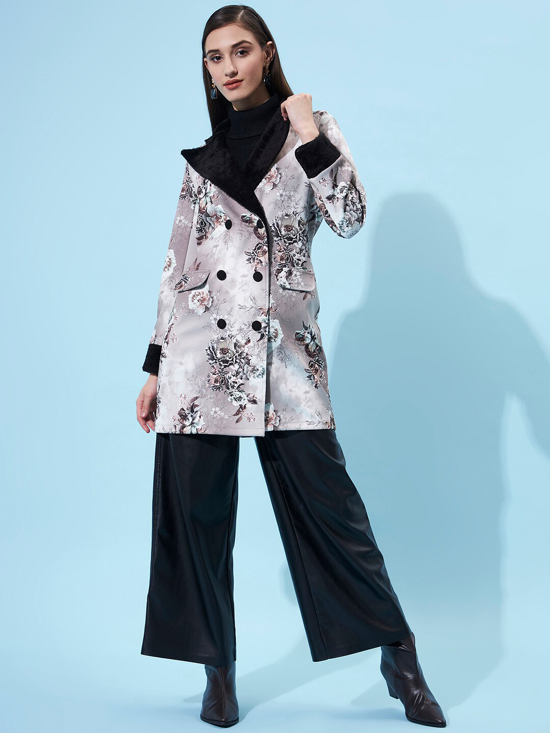 Athena Women Beige  Printed Double-Breasted Overoat