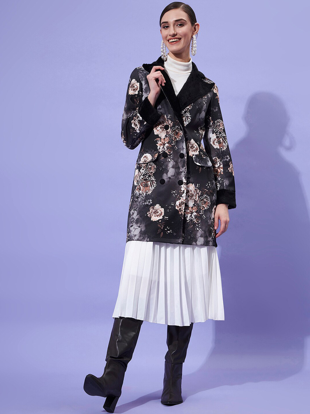 Athena Women Black Floral Printed Fur Notch Collar Overcoat