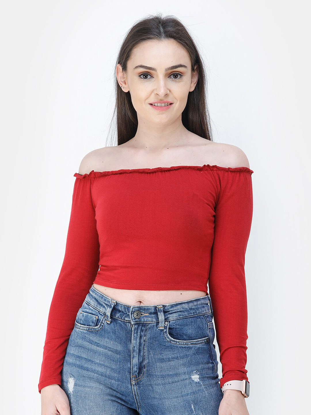SCORPIUS Maroon Off-Shoulder Bardot Top