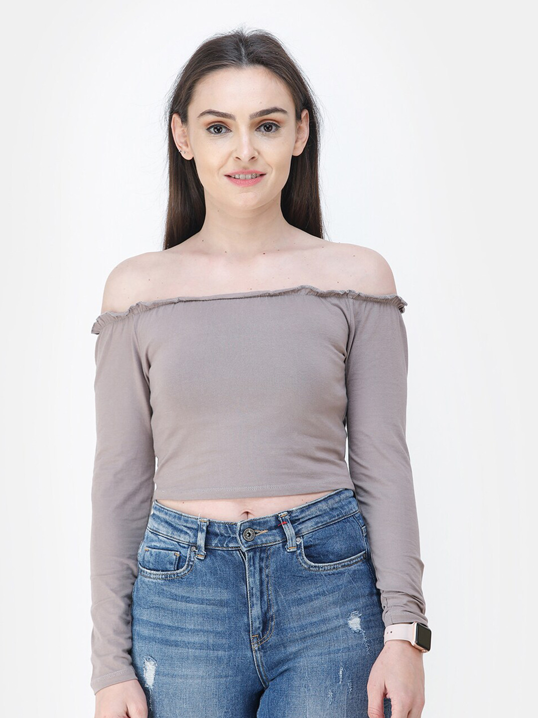 SCORPIUS Beige Off-Shoulder Bardot Top
