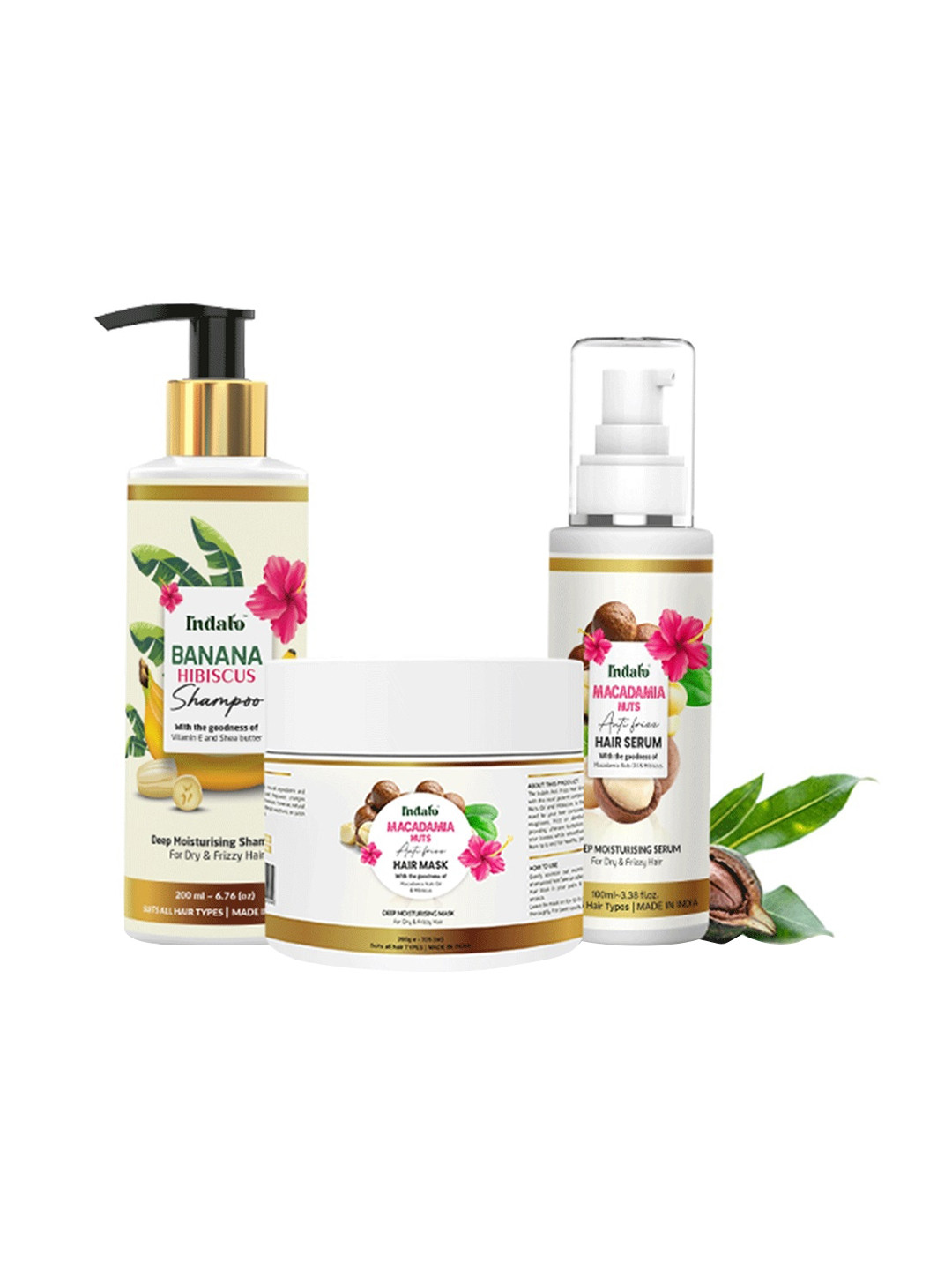 INDALO 3 Pieces Banana Hibiscus Shampoo with Anti-Frizz Hair Repair Serum & Mask