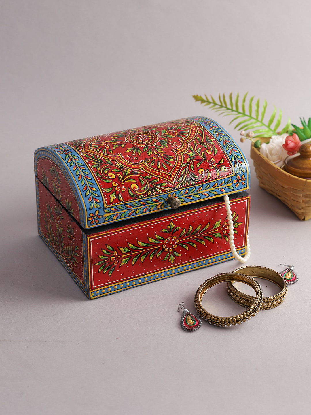 Aapno Rajasthan Red & Blue Embellished Jewellery Wooden Organiser