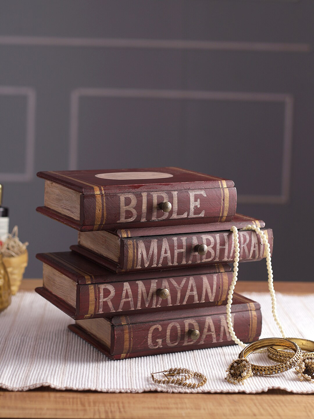 Aapno Rajasthan Maroon Printed Books Shape Wood Drawer Organiser