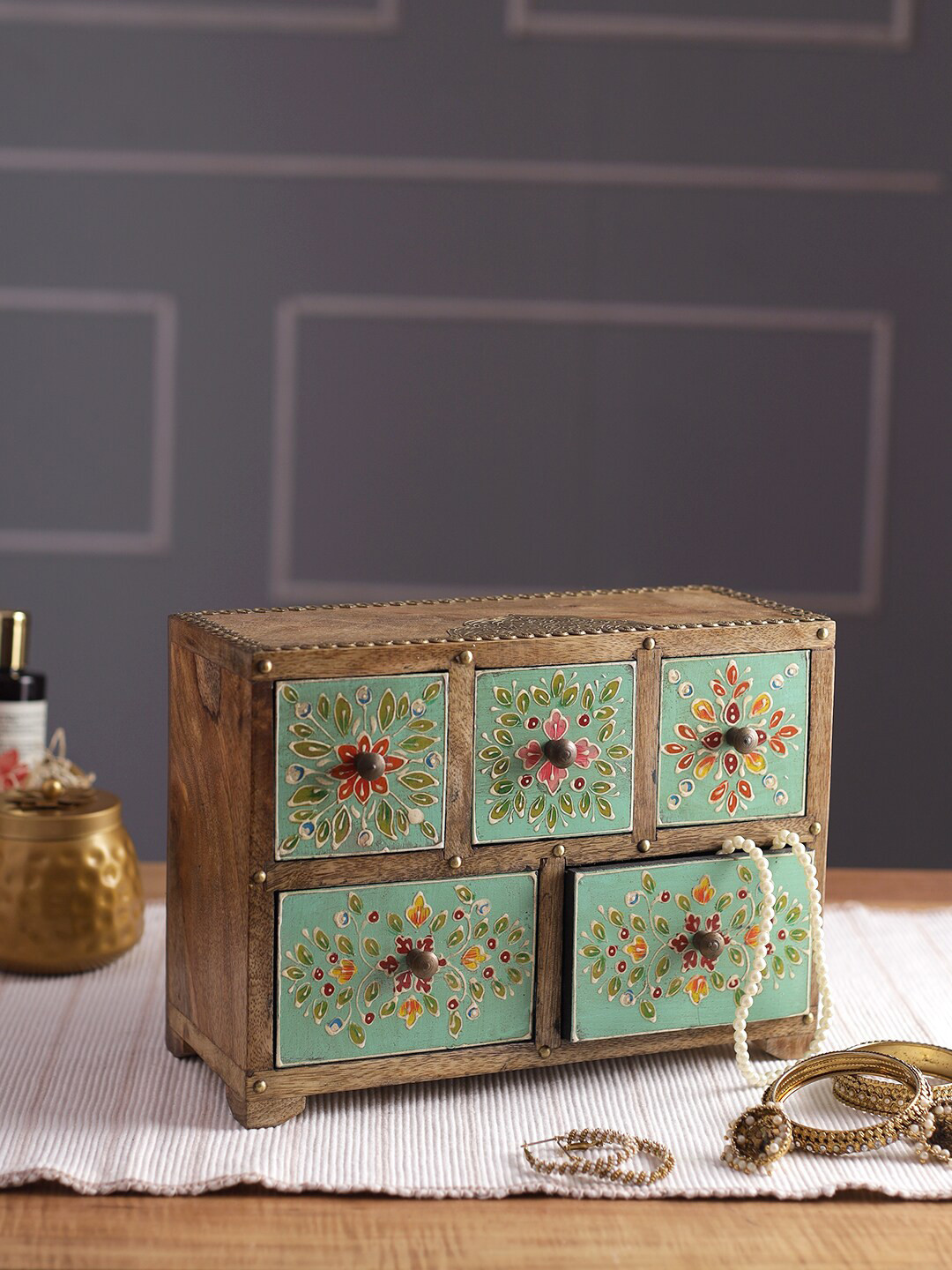 Aapno Rajasthan Brown & Green Printed Drawer Organiser