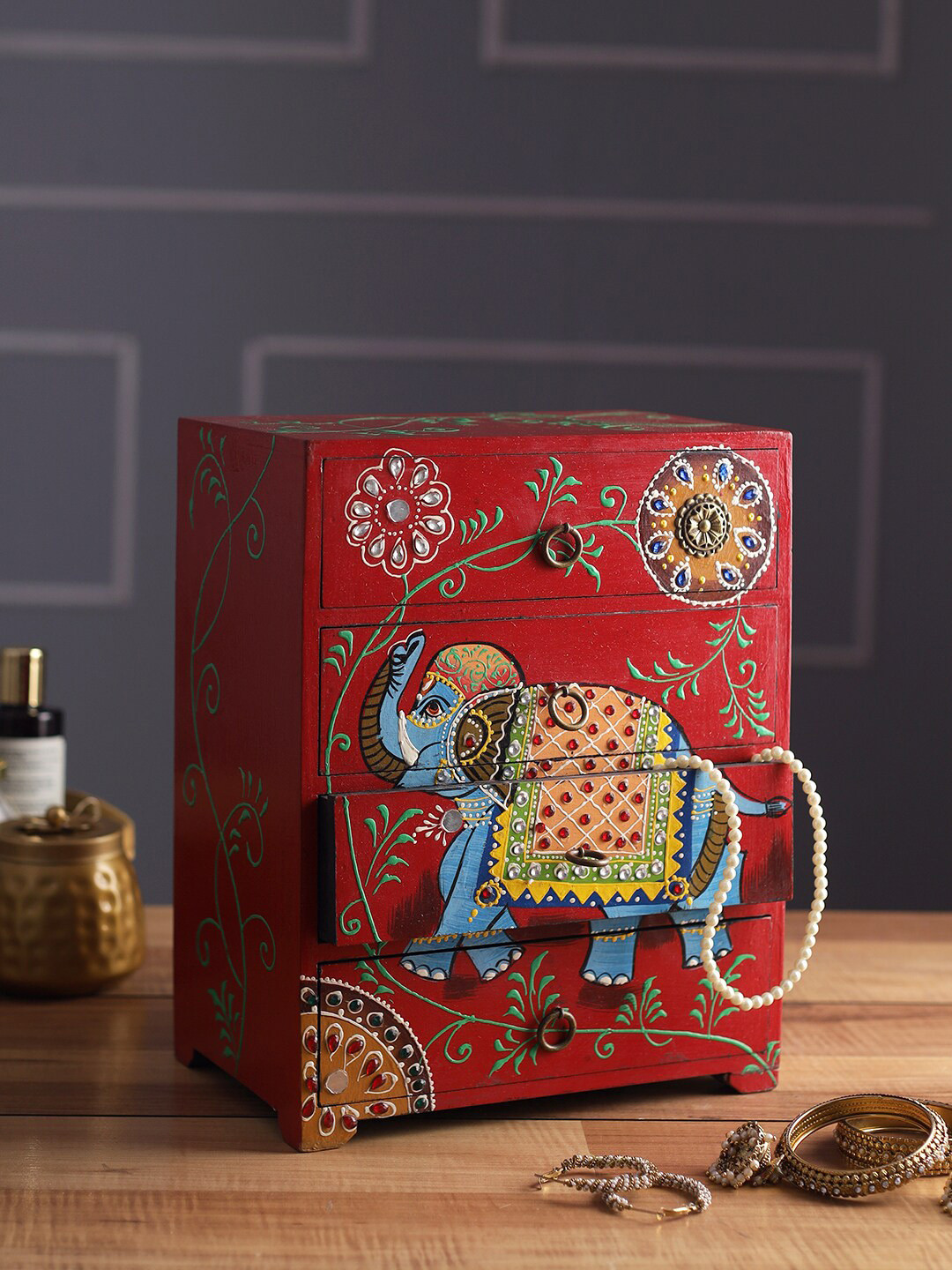 Aapno Rajasthan Red & Blue Elephant Design Wooden Drawer Organizer