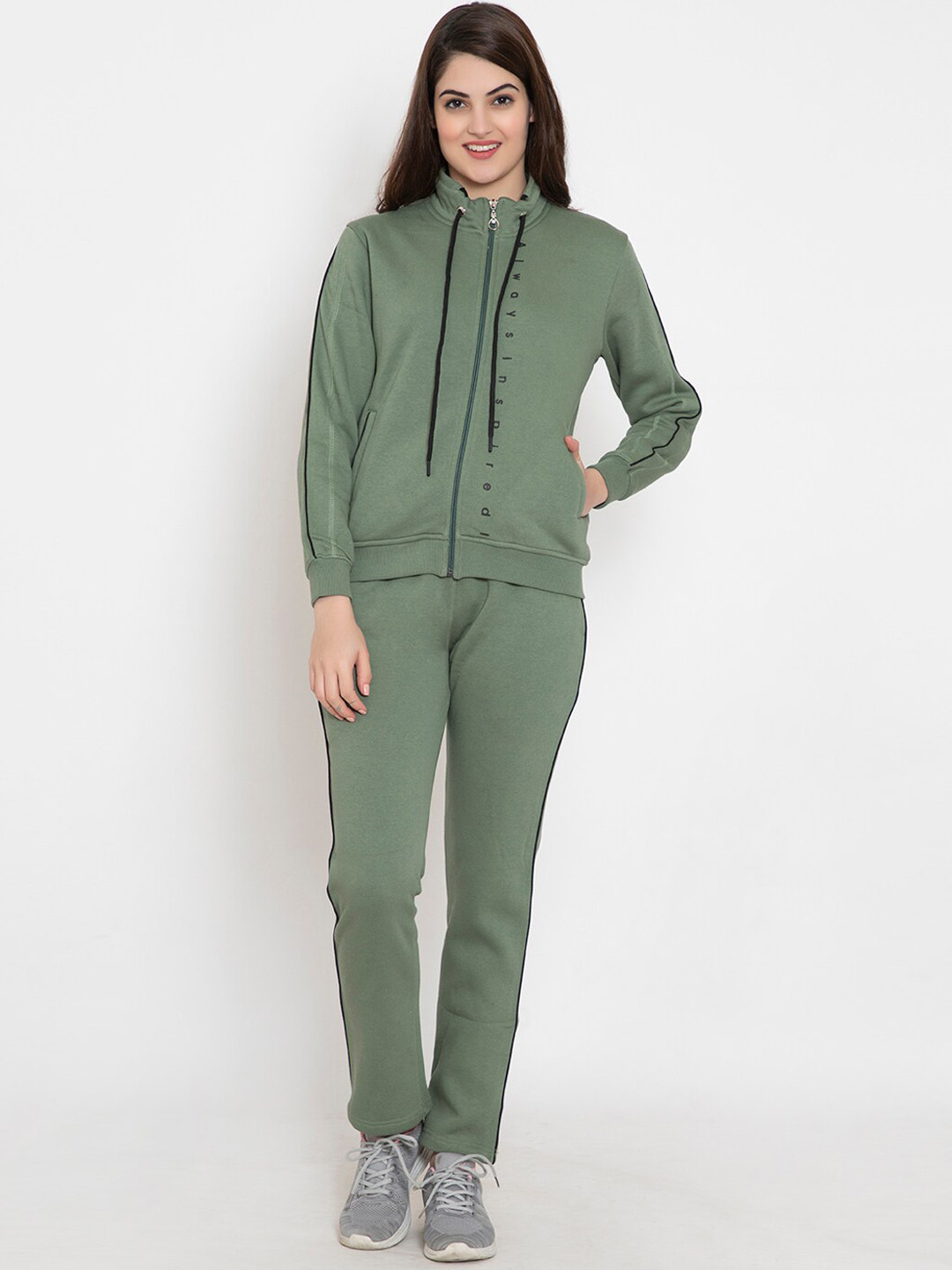 FLOSBERRY Women Olive-Green Solid Cotton Tracksuits