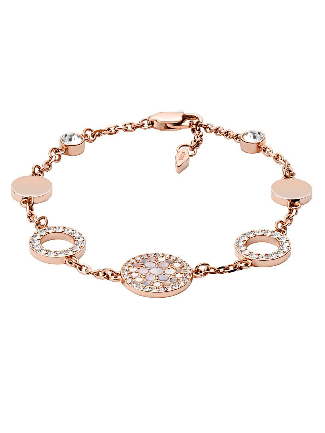 Fossil Disk Women Rose Gold & White Crystals Charm Bracelet