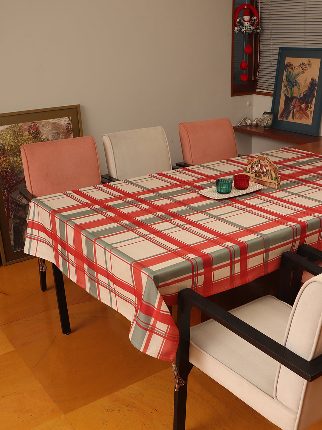 Zeba Red & White & Red Checks Printed Cotton Table Cover