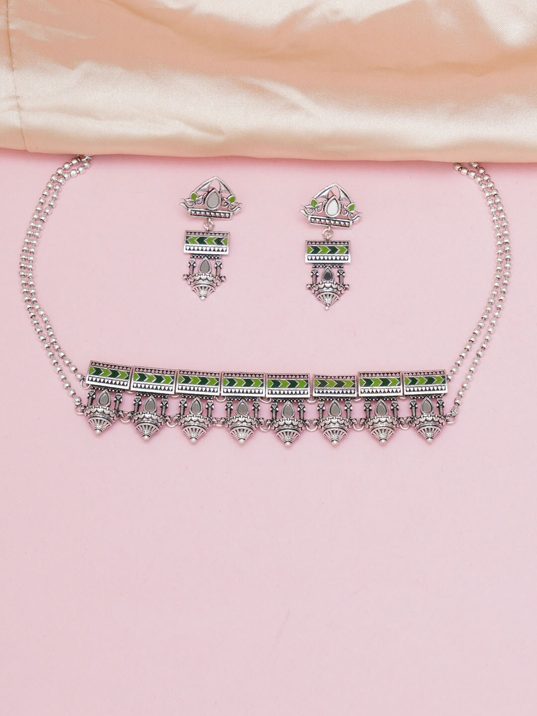 Voylla Oxidised Silver-Plated Mirror-Work Jewellery Set