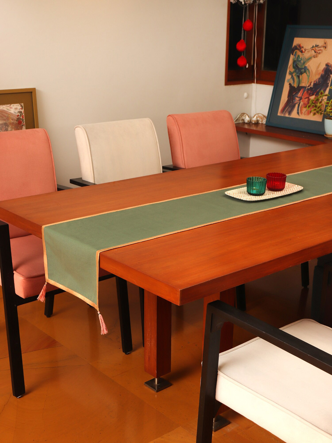 ZEBA Green Solid Table Runner with Tassels