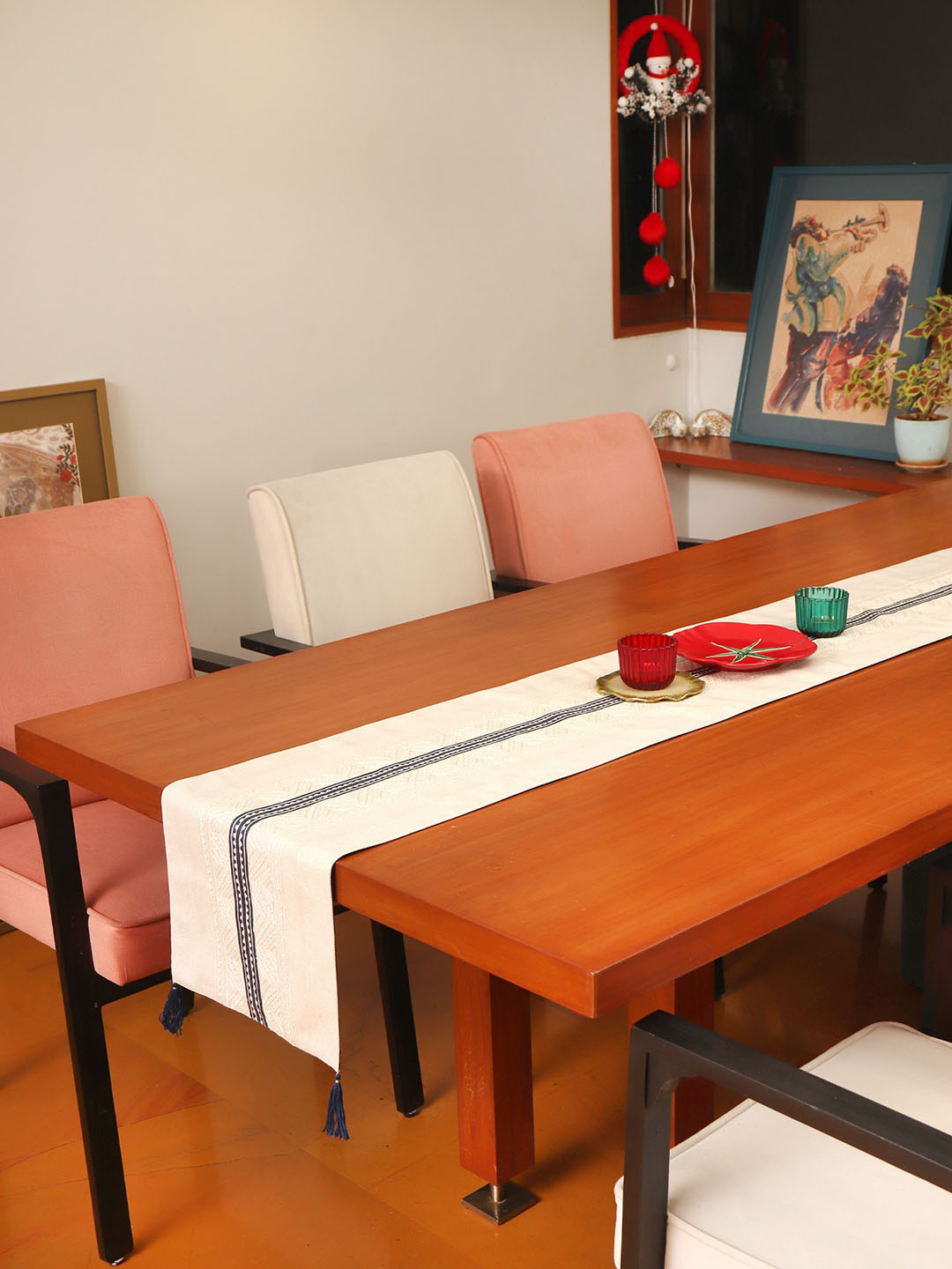 ZEBA Cream Colored & Blue Geometric Embroidered Table Runner