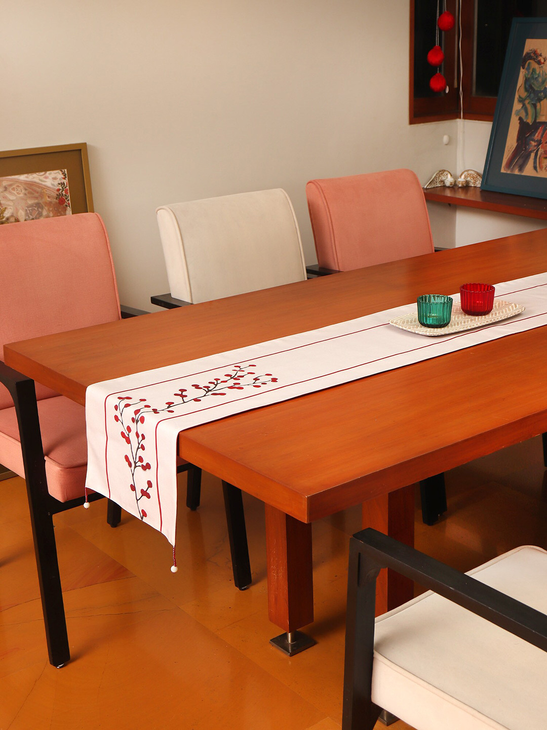 ZEBA Cream Colored & Red Floral Printed Table Runner