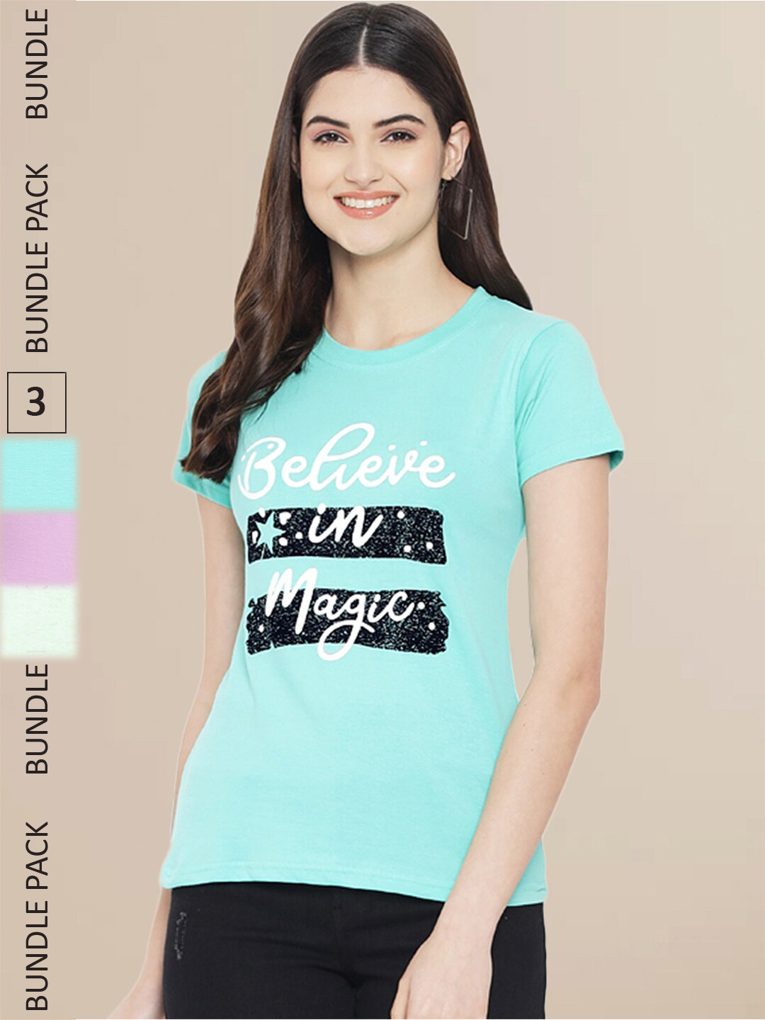 Fabflee Women Blue & Off White Typography  Pack of 3 Printed T-shirt