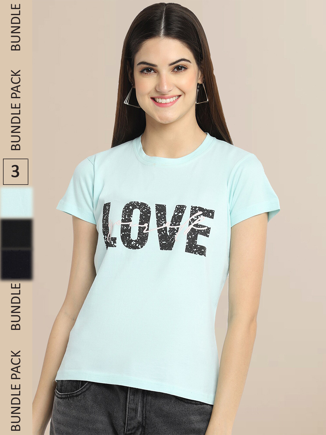 Fabflee Women Turquoise Blue & Black Pack of 3 Typography Printed Cotton T-shirt