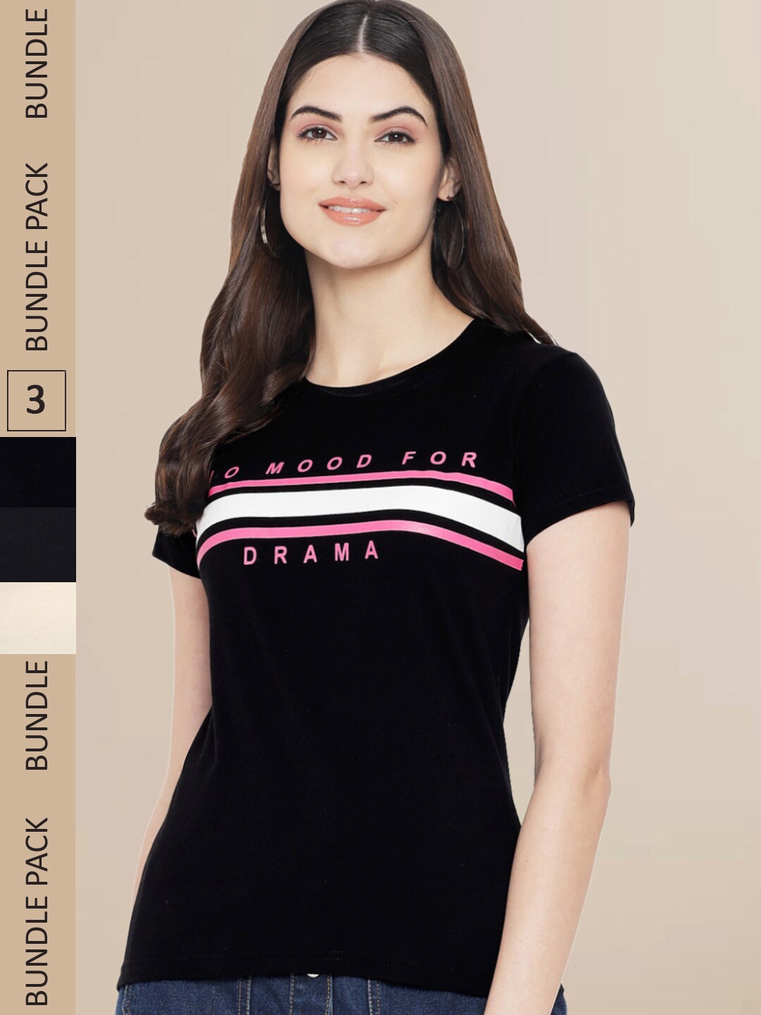 Fabflee Women Black & Cream Pack of 3 Printed Round-Neck Cotton T-shirts