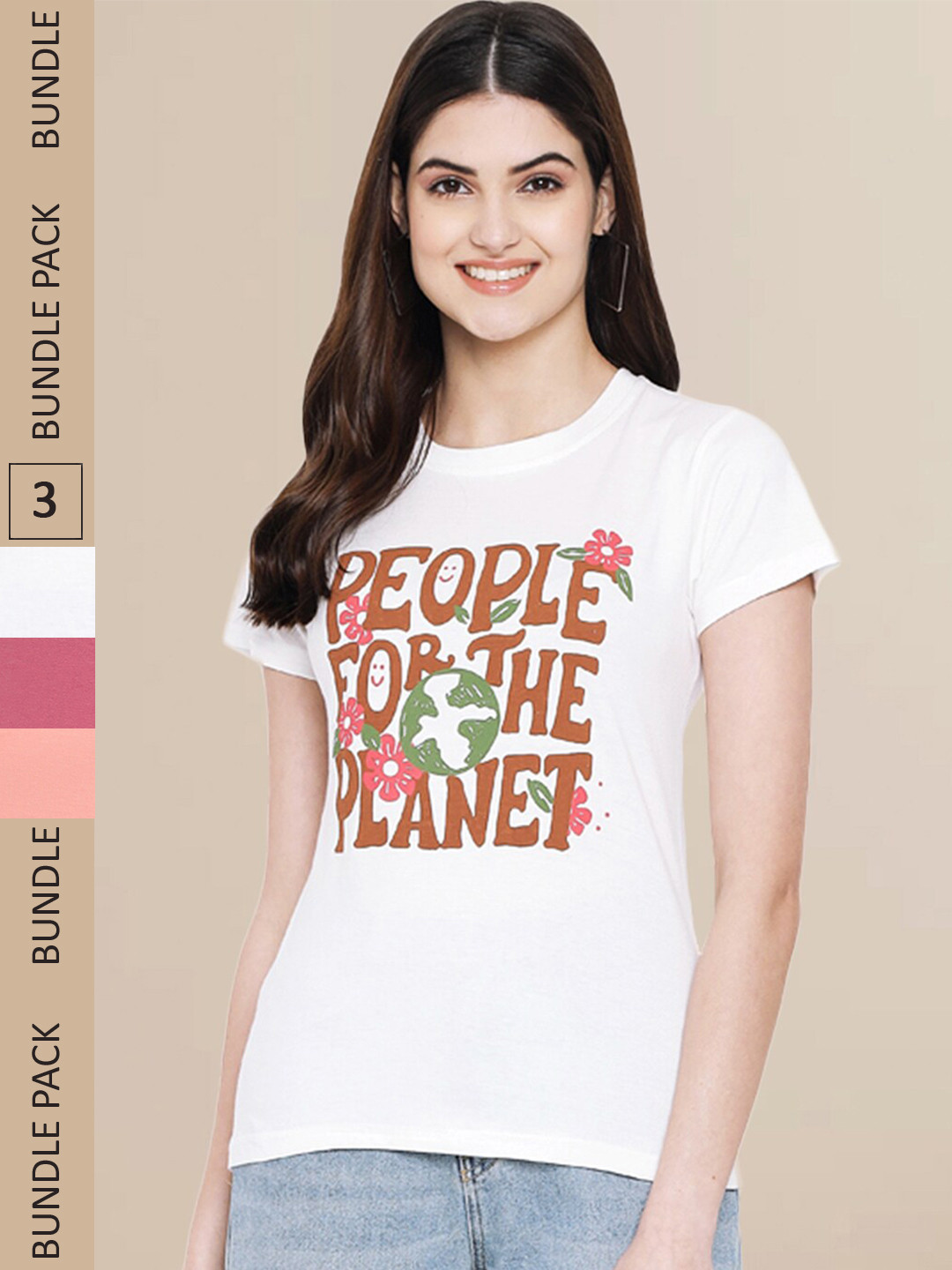 Fabflee Women White & Peach Pack of 3 Typography Printed Cotton T-shirts