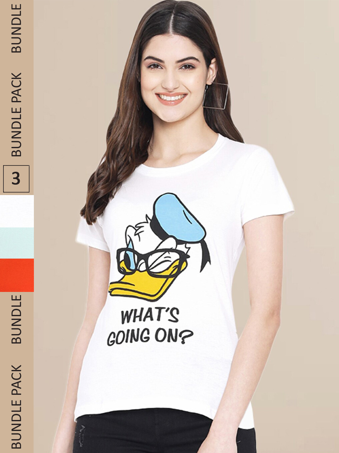 Fabflee Women White & Orange Pack of 3 Typograph Printed Cotton T-shirts