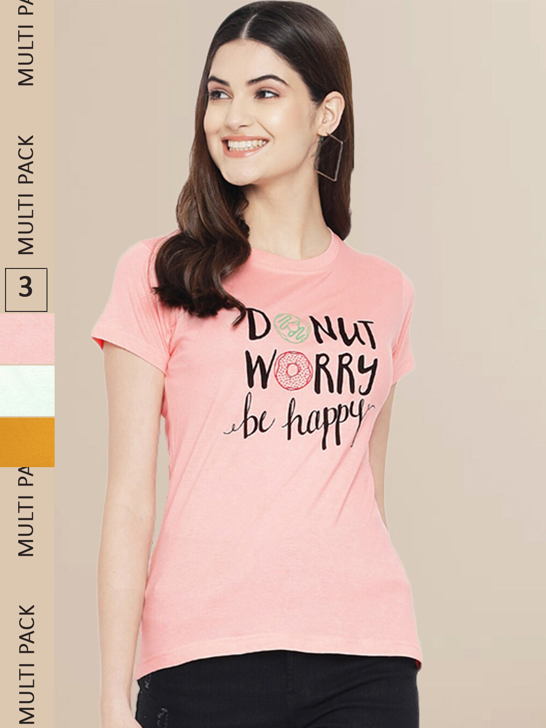 Fabflee Women Pink & Mint Green Pack of 3 Graphic Printed Cotton T-shirt