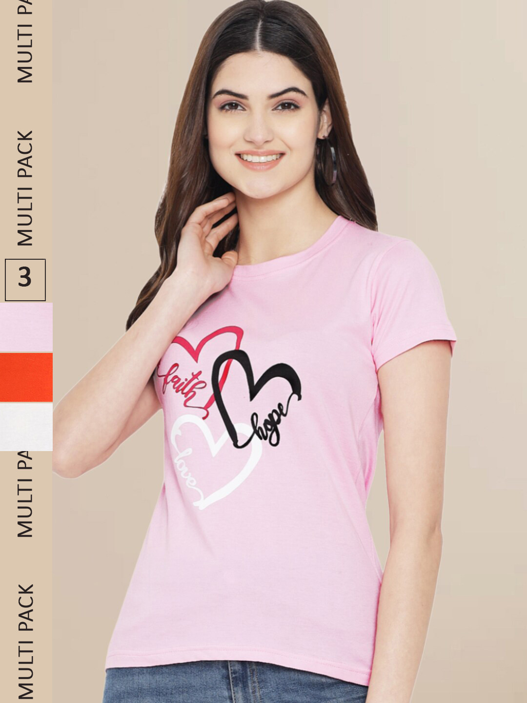 Fabflee Women Pink & Orange Pack of 3 Graphic Printed Cotton T-shirt