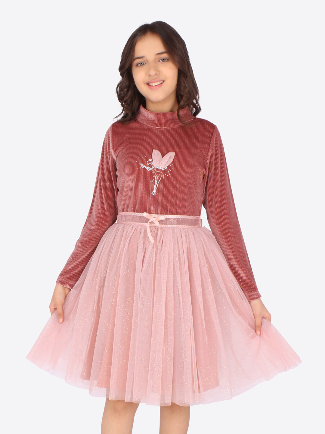 CUTECUMBER Pink & Mauve Embellished Applique Fit & Flare Dress