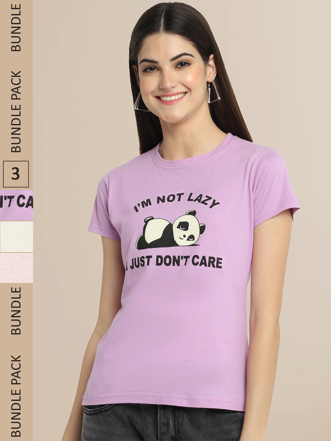 Fabflee Women Lavender & Cream Pack of 3 Graphic Printed Cotton T-shirt