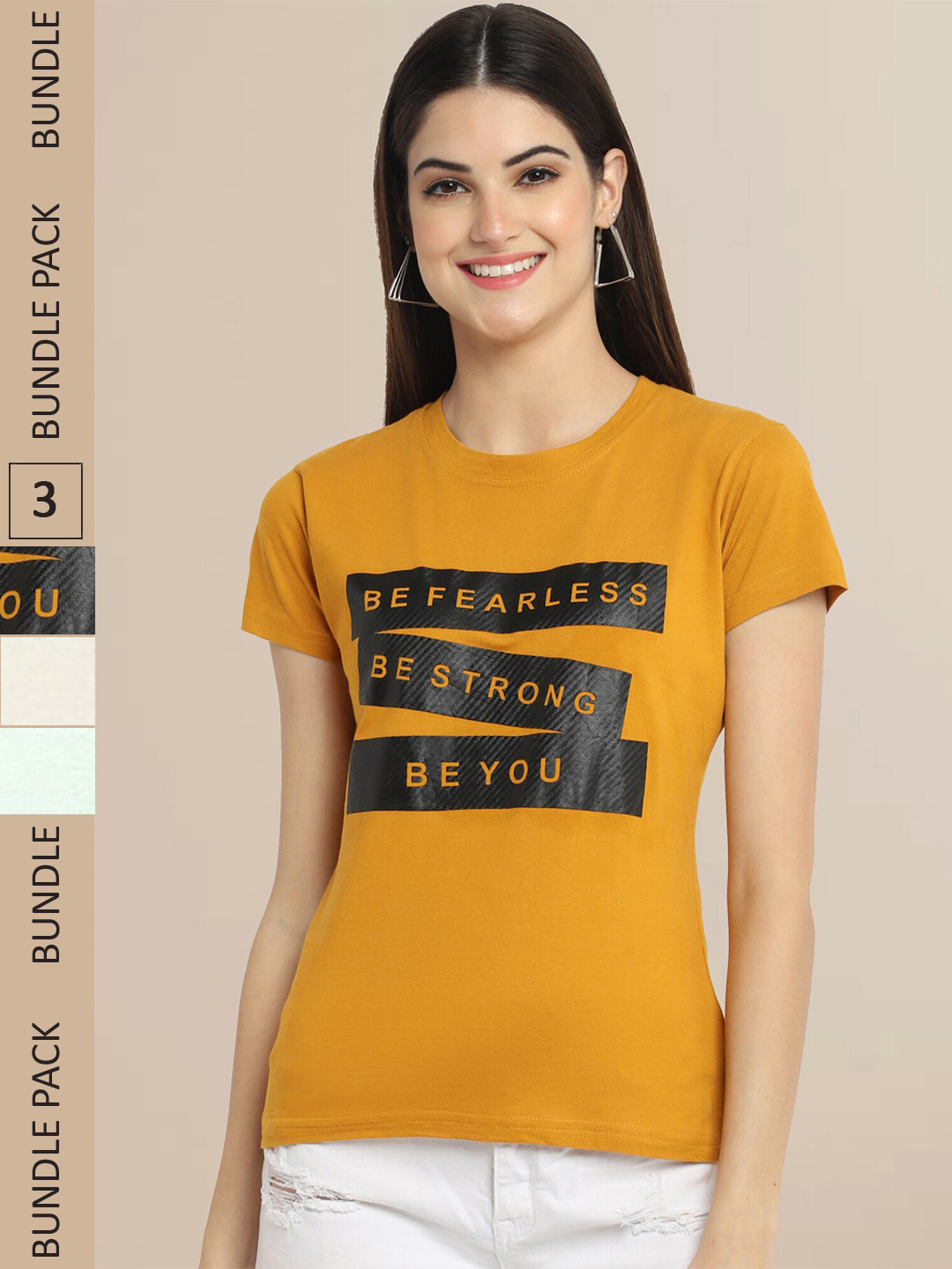 Fabflee Women Mustard & Mint Green Yellow Pack of 3 Graphic Printed Cotton T-shirt