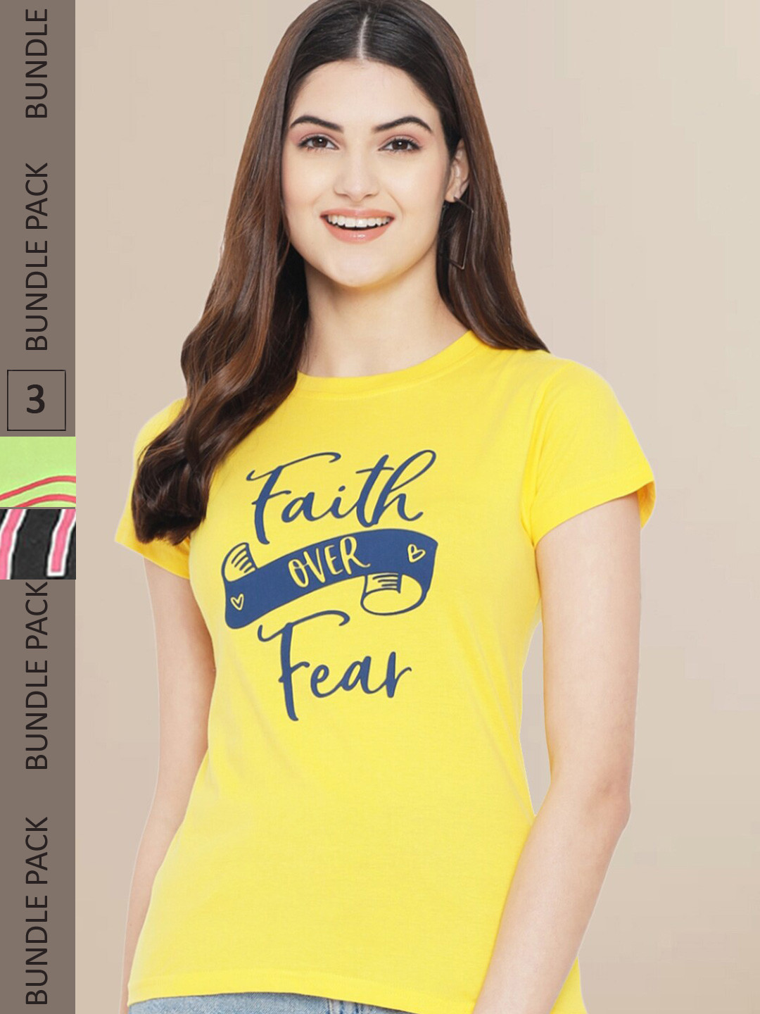 Fabflee Women Yellow & Green Pack of 3 Graphic Printed Cotton T-shirt