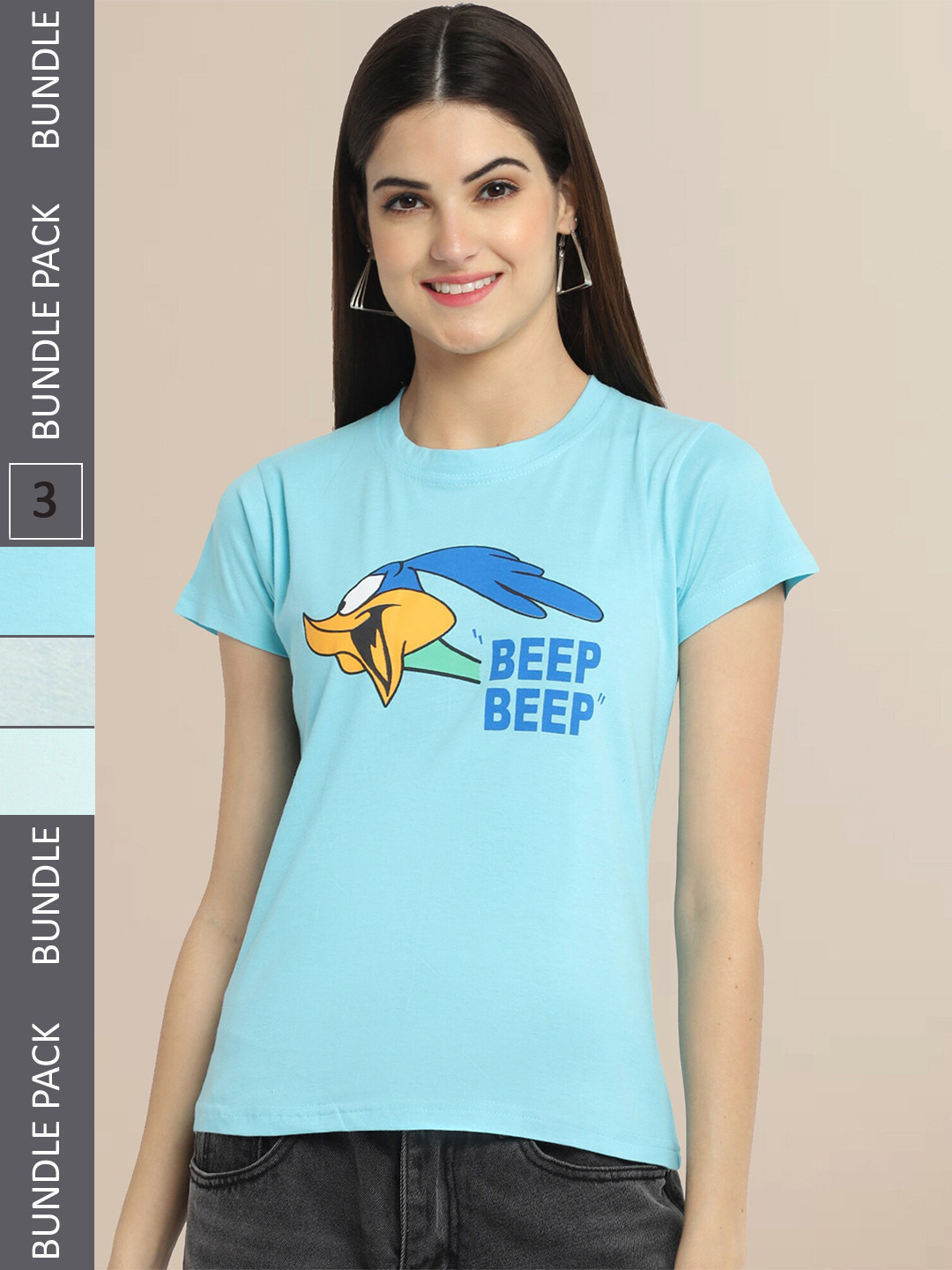 Fabflee Women Blue & Mint Green Pack of 3 Graphic Printed Cotton T-shirt