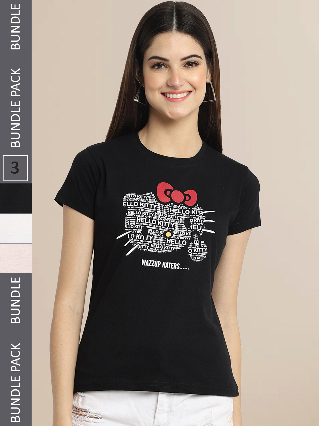 Fabflee Women Black & Off White Pack Of 3 Printed Cotton T-shirts