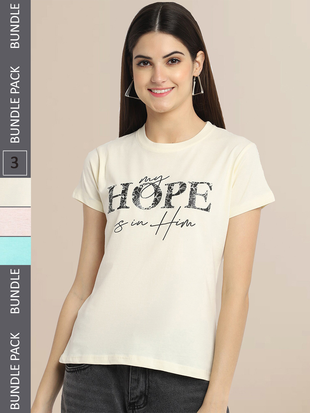 Fabflee Women Off White & Peach-Coloured Pack of 3 Printed T-shirt