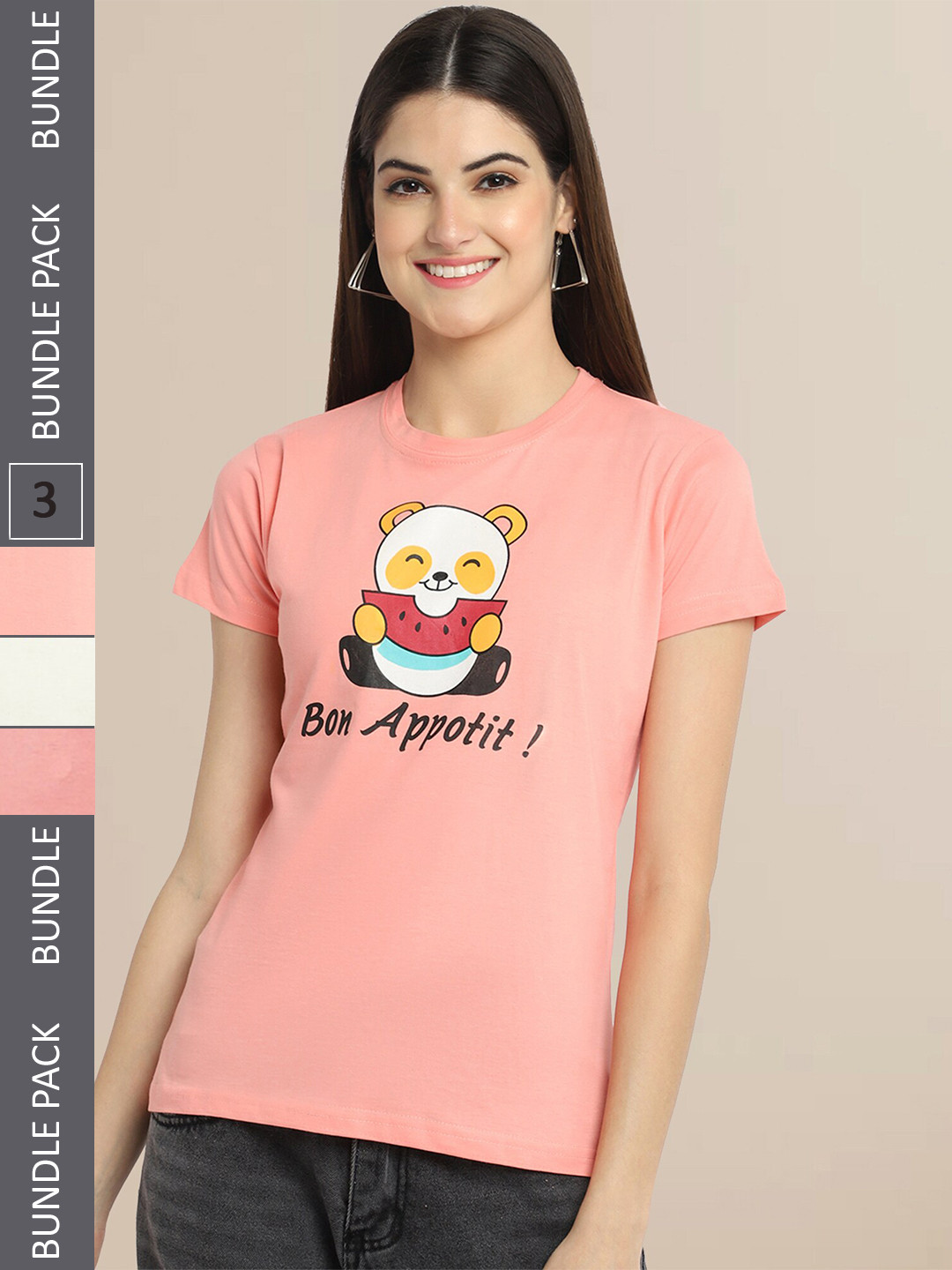 Fabflee Women Peach-Coloured & Off White Pack of 3 Printed T-shirt
