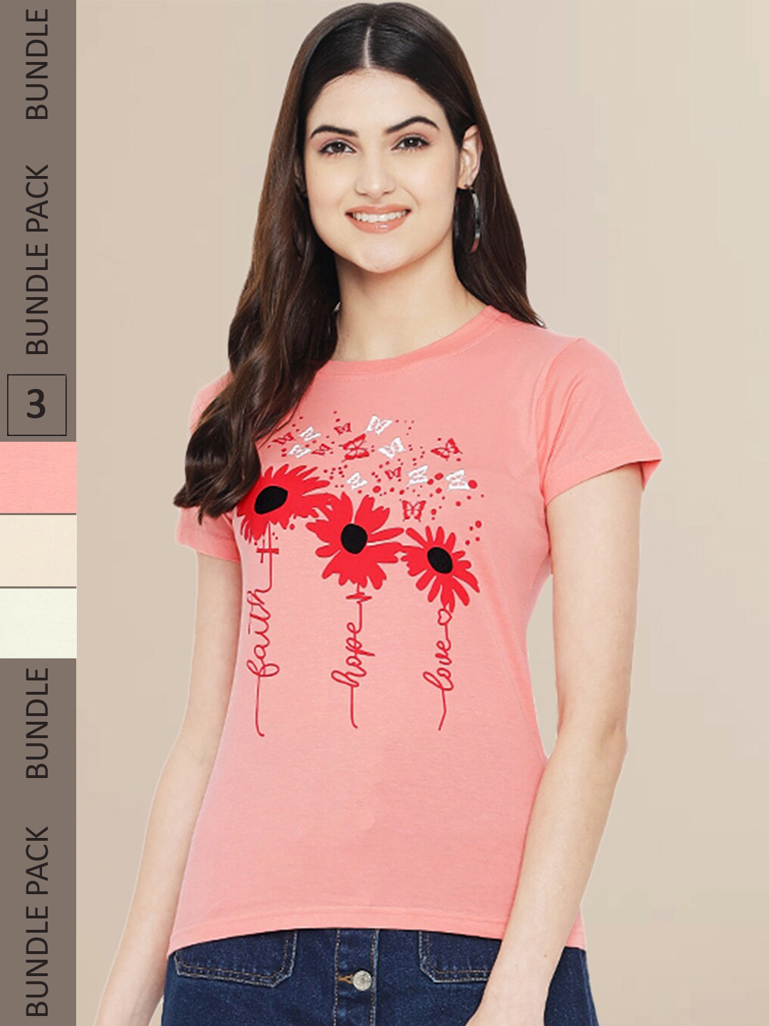 Fabflee Women Peach-Coloured & Beige Pack of 3 Printed Cotton T-shirt
