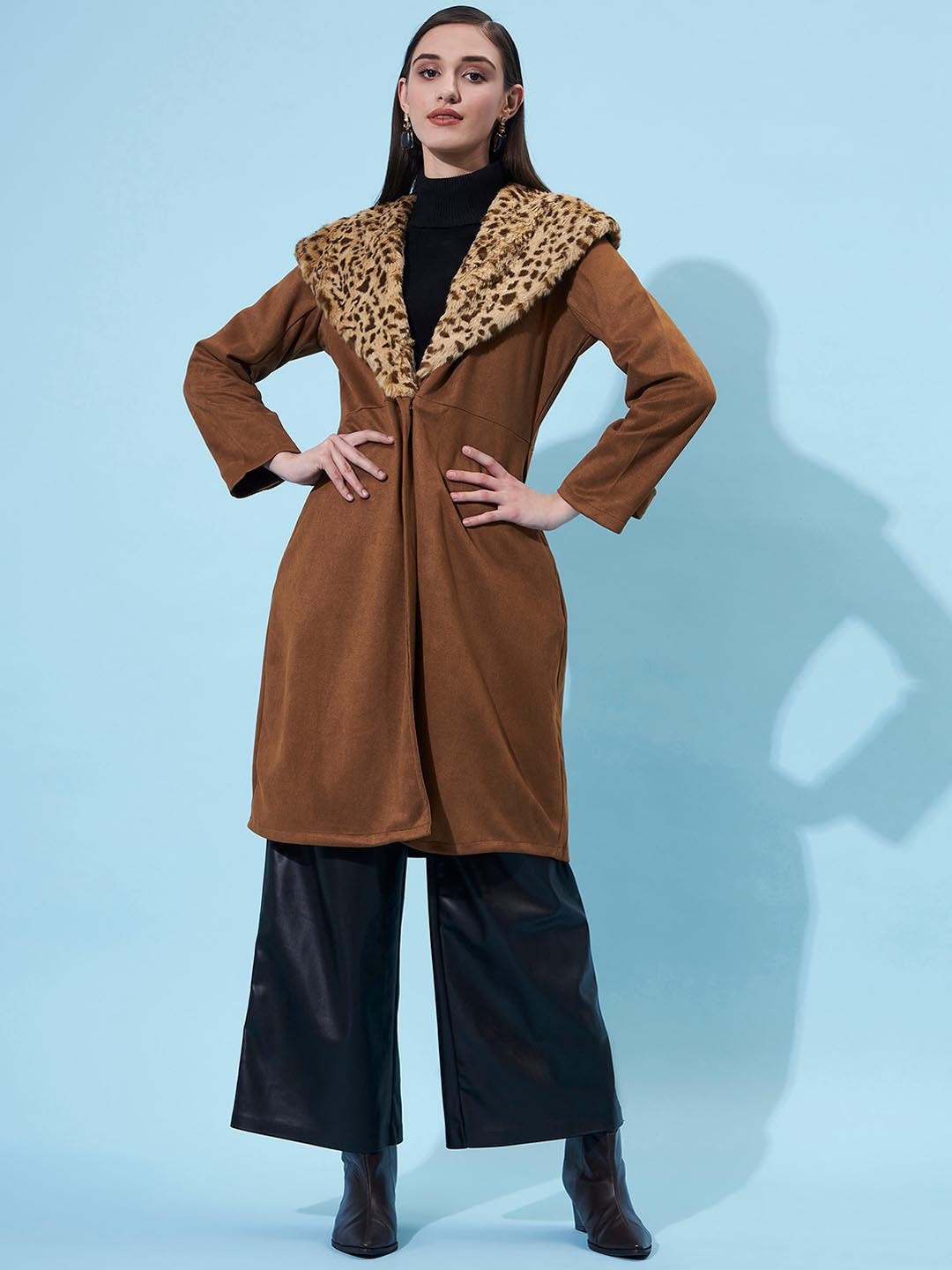 Athena Women Brown Fur Collar Suede Overcoat