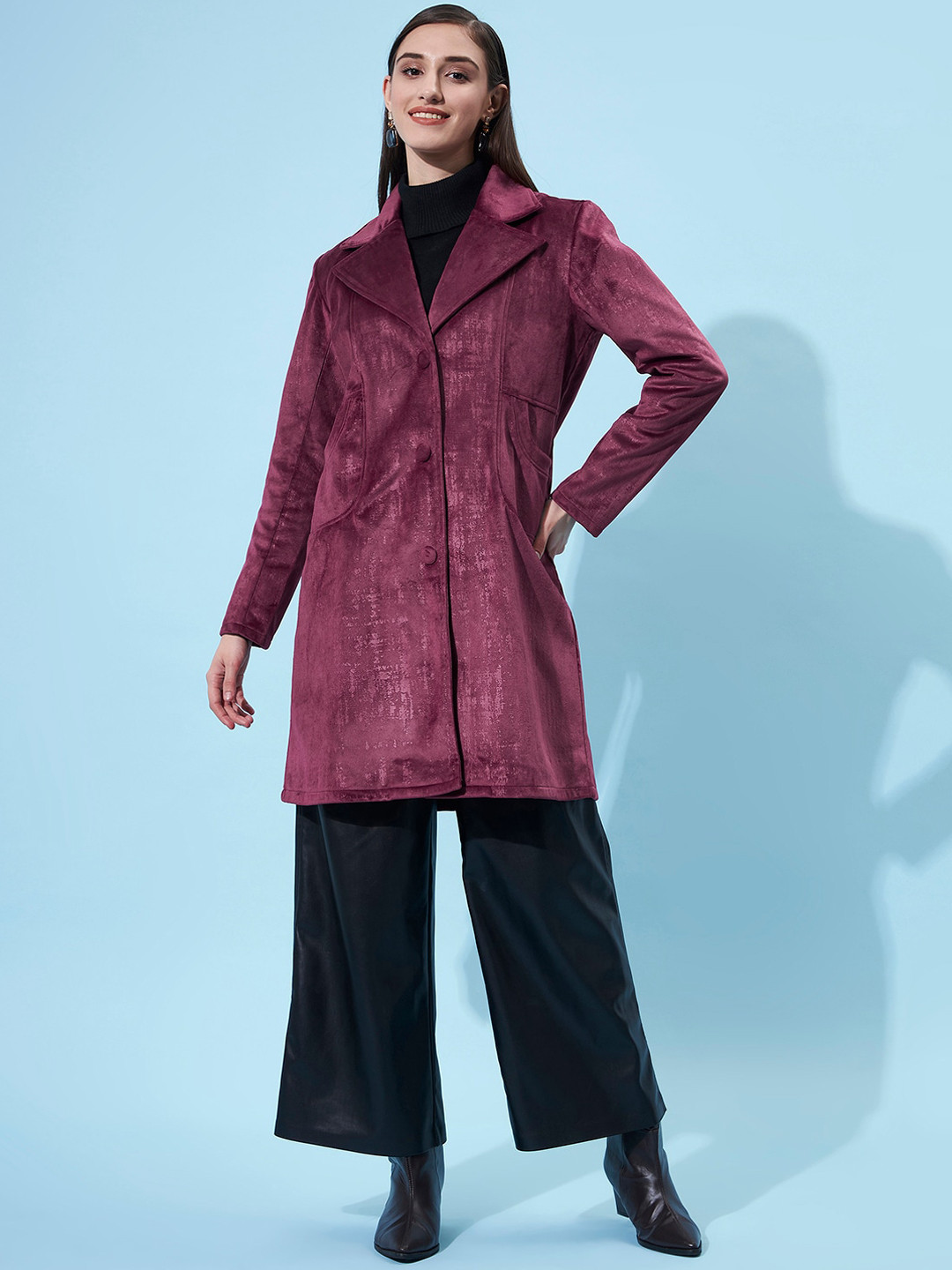 Athena Women Burgundy Single-Breasted Trench Overcoat