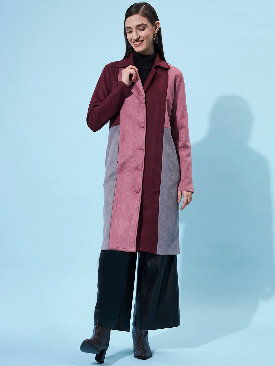 Athena Women Brown & Pink Colourblocked Longline Suede Trench Coat