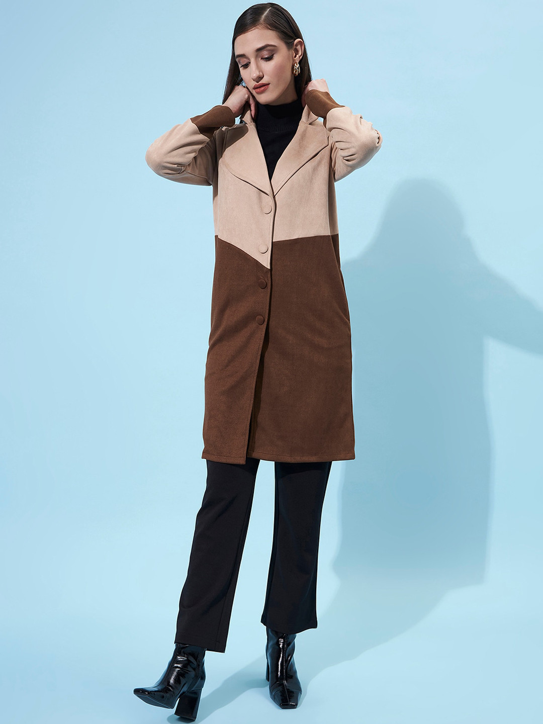 Athena Women Beige Colored & Brown Colorblocked Suede Trench Coats