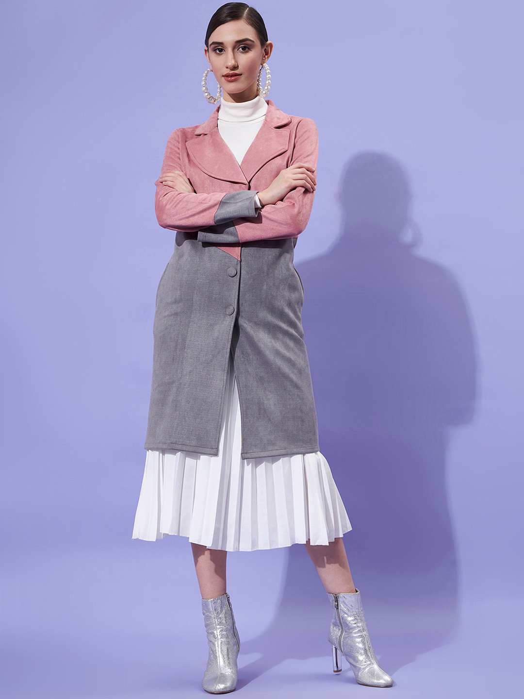 Athena Women Pink & Grey Colorblocked Longline Overcoat