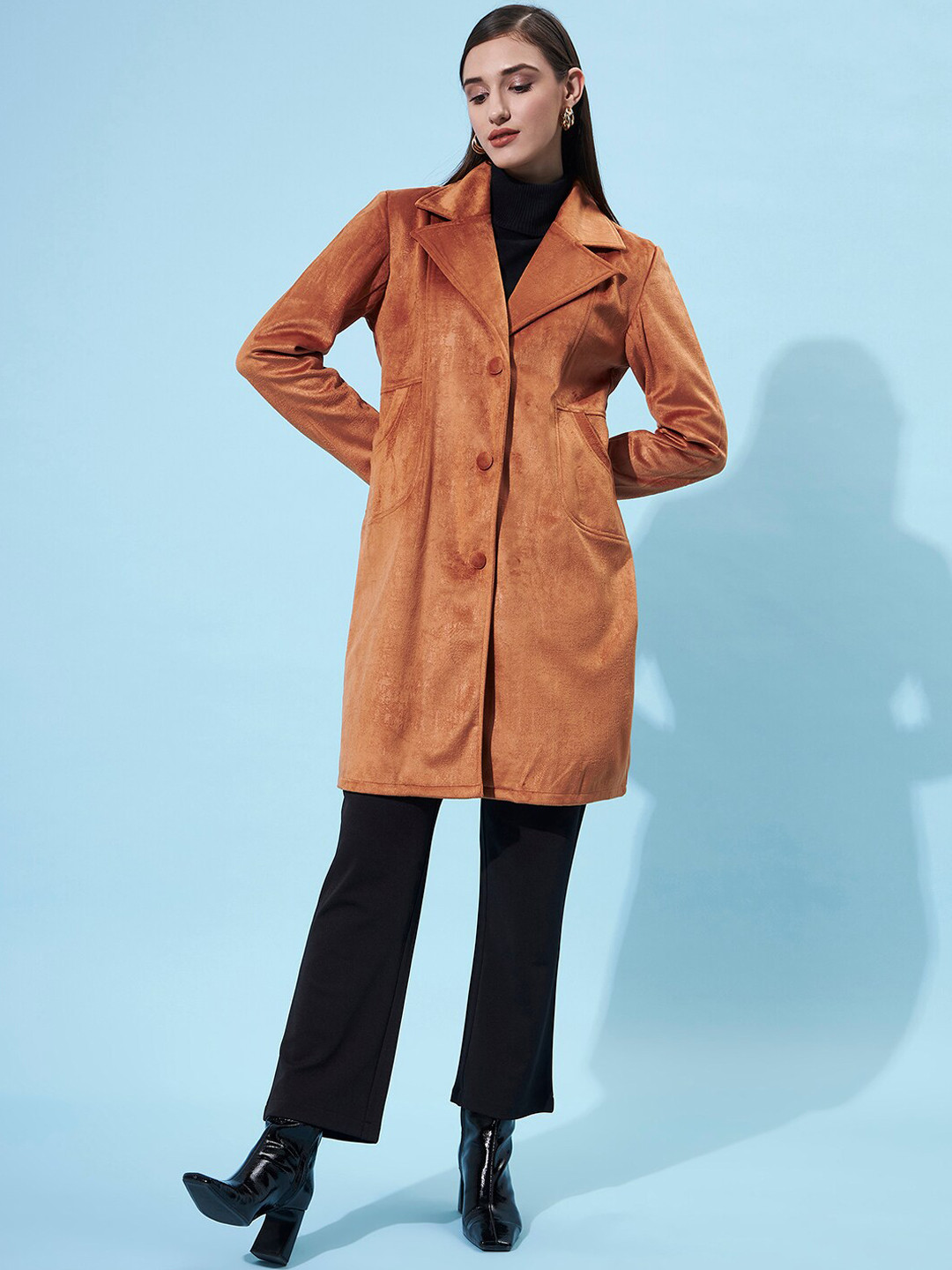 Athena Women Rust-Brown Longline Single-Breasted Overcoat