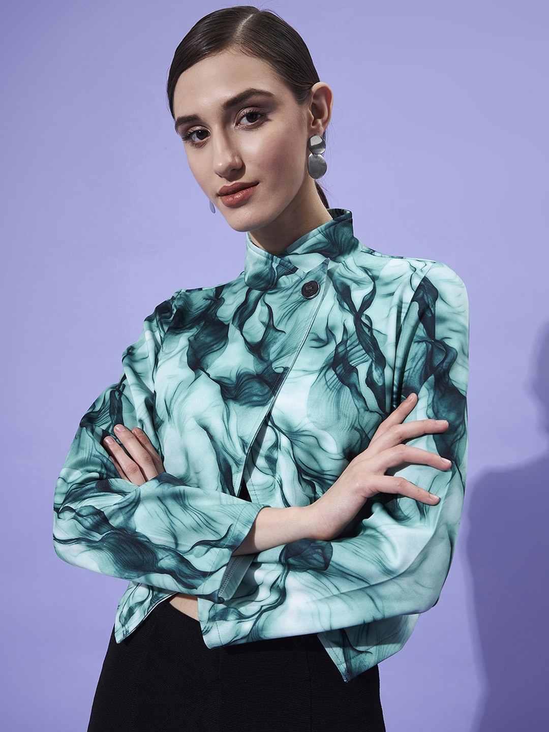 Athena Women Green Smoke Printed Short Coat