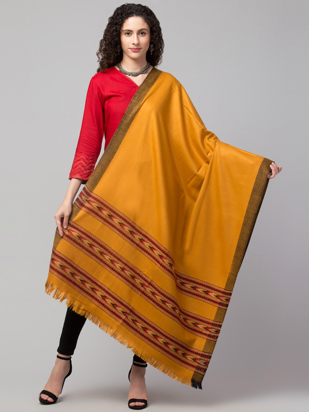 Tweedle Women Yellow Traditional Kullu Woven-Design Shawl