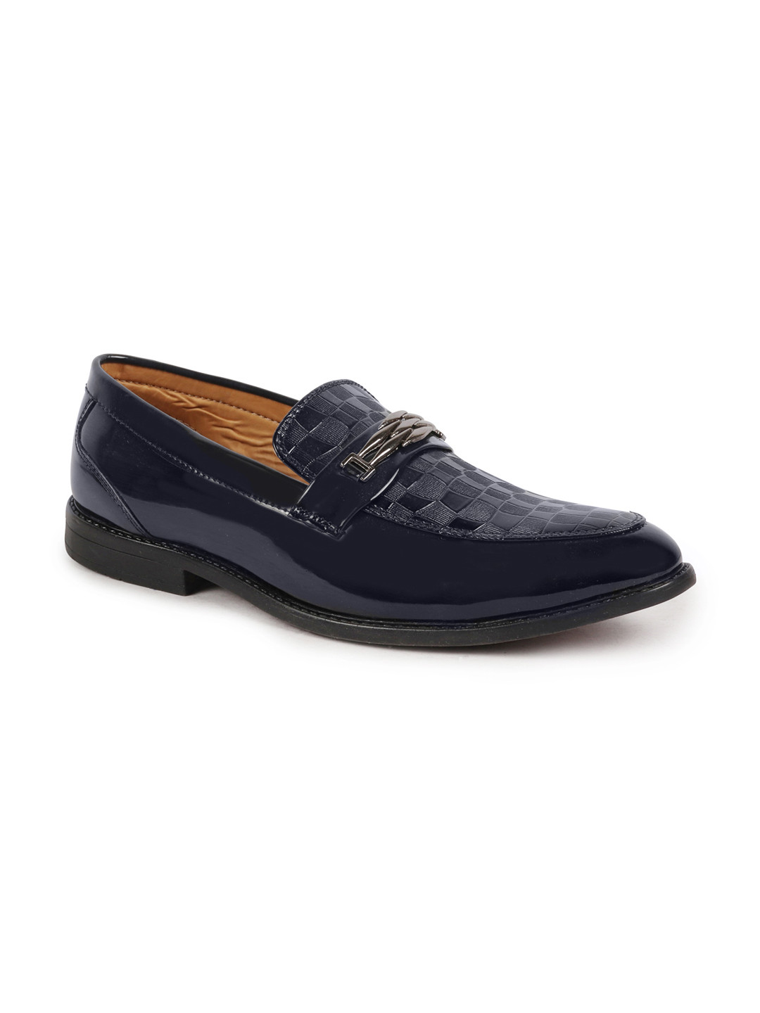 FAUSTO Men Blue Textured Patent Leather Lightweight Loafers
