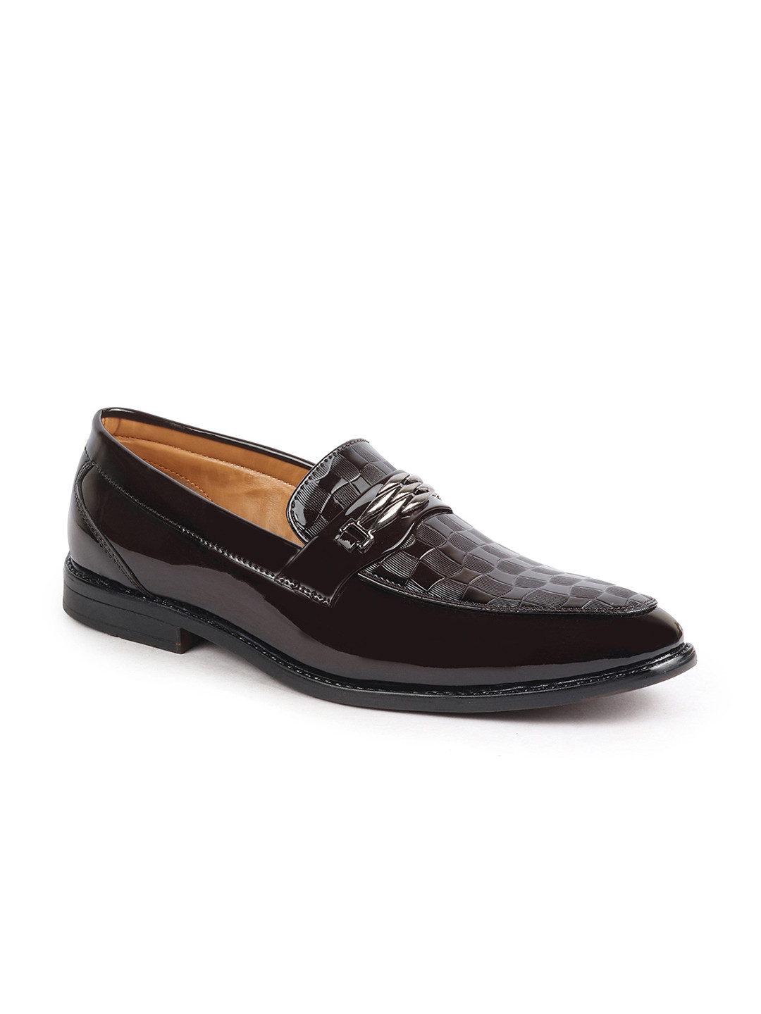 FAUSTO Men Brown Textured Patent Leather Lightweight Loafers