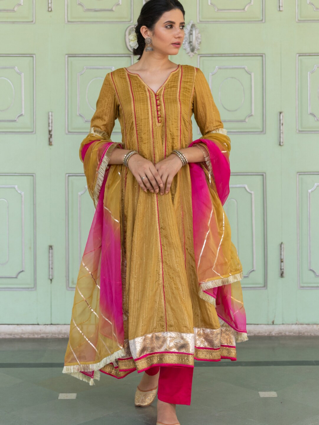 MYAARA Women Mustard Yellow Embroidered Kurta with Trousers & Dupatta