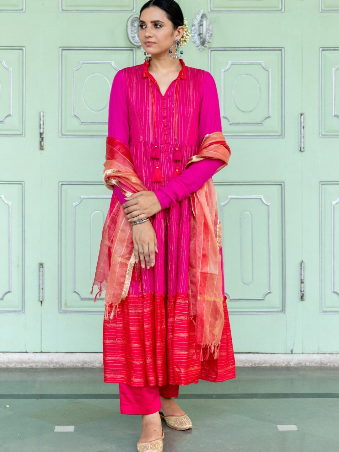 MYAARA Women Fuchsia Printed Kurta with Churidar & With Dupatta